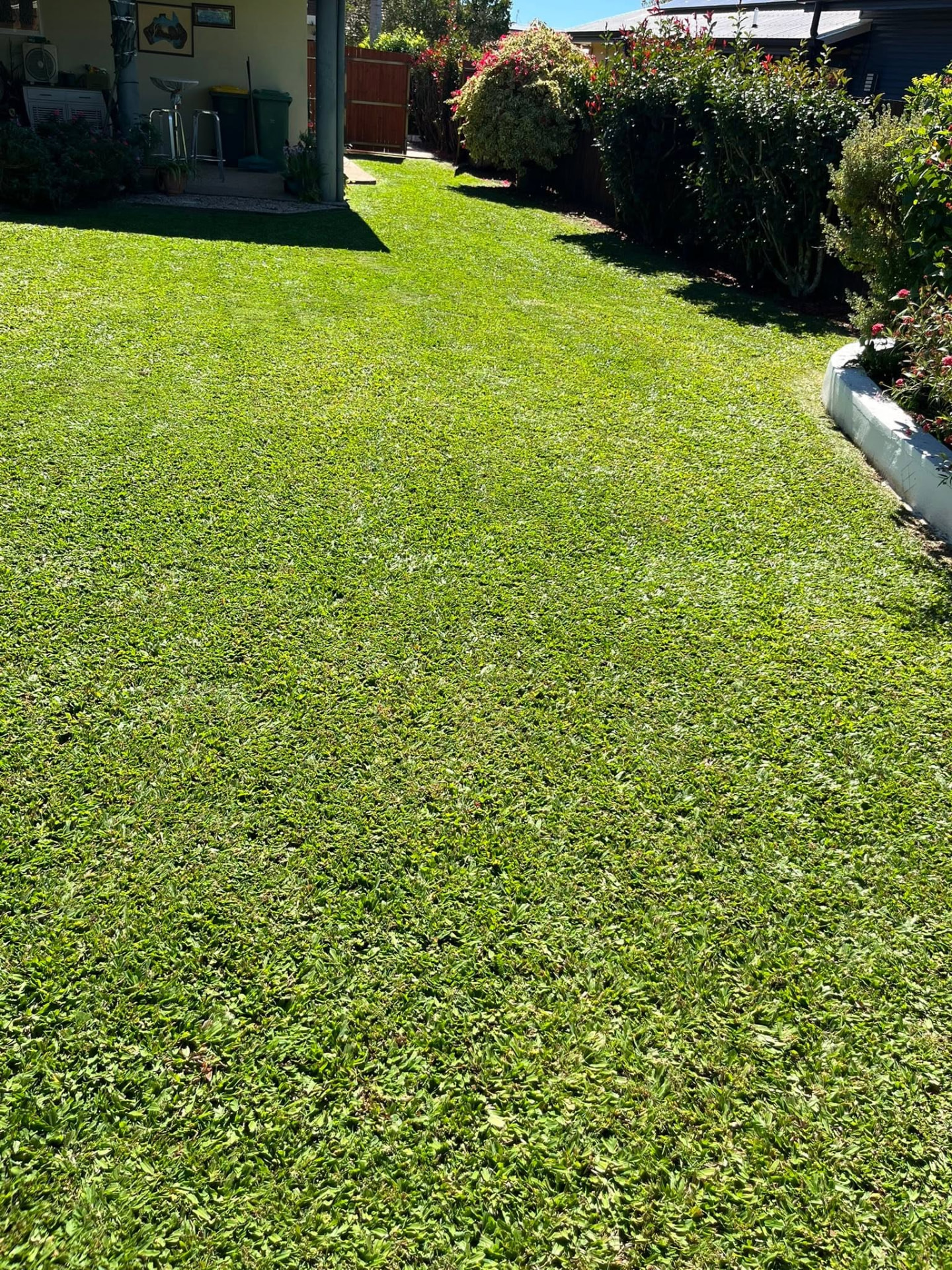 Operator spraying weed control across a green lawn with a backpack sprayer